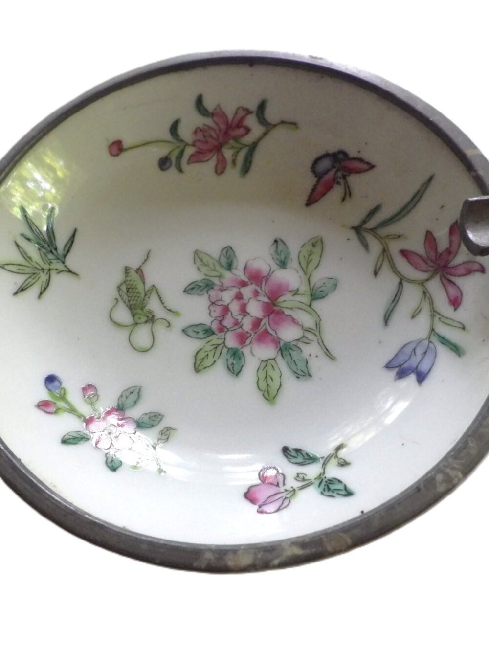Pewter-Cased Ceramic Ashtray/ Asian Design/ Chrysanthemum/ Cricketr/ Fly
